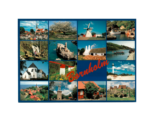 Postkort 44 Bornholm blå kant, 15 - delt,10,5x15 cm